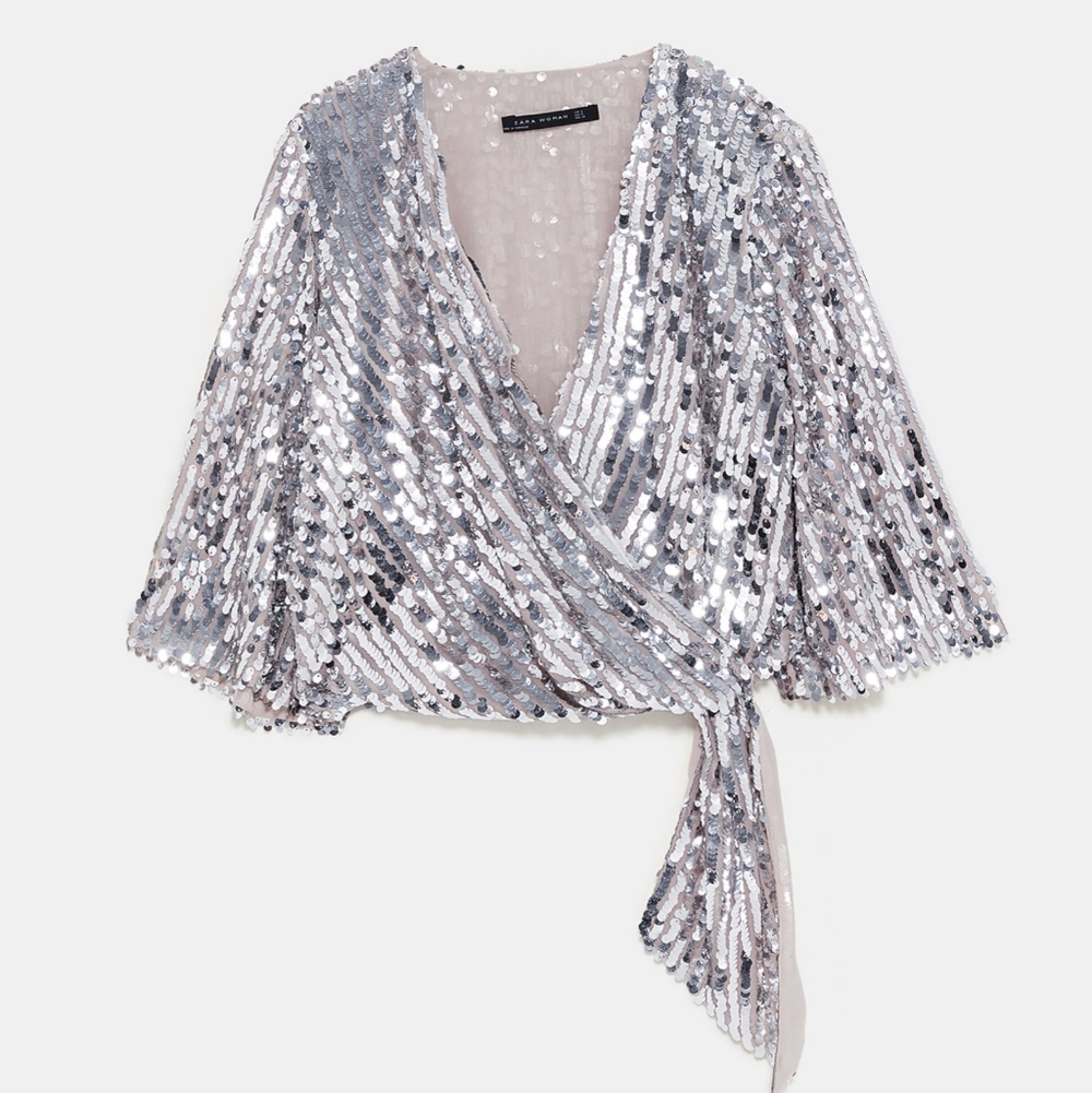 Zara Sequin Top XL V-Neck Wrap Short Sleeve Silver Cropped Blouse Cocktail Party